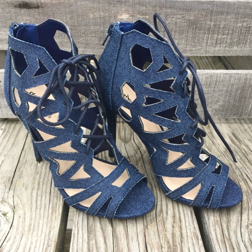 Qupid Sz 6 Blue Denim Lace-Up Heeled Sandals! NEW! - Picture 1 of 9